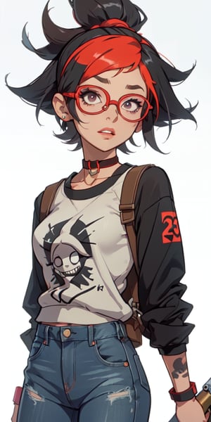 (large sweatshirt),  round black glasses, (dynamic pose), black background, teenager, female_solo, ,looking at viewer, small breasts, white background, bob cut, short hair, multicolored hair, makeup, parted lips, red lips, eyeliner, walkure /(takt op./), choker, harnesses, warrior tattoos, blue jeans, ,BiBa,EnvyBeautyMix23,In the style of gravityfalls,weapon