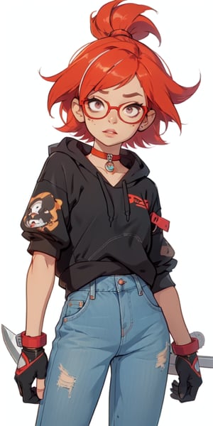 (large sweatshirt),  round black glasses, (dynamic pose), black background, teenager, female_solo, ,looking at viewer, small breasts, white background, bob cut, short hair, multicolored hair, makeup, parted lips, red lips, eyeliner, walkure /(takt op./), choker, harnesses, warrior tattoos, blue jeans, ,BiBa,EnvyBeautyMix23,In the style of gravityfalls,weapon