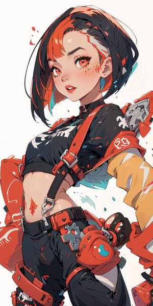 (tactical sweatshirt), (dynamic pose), black background, teenager, female_solo, upper body,looking at viewer, small breasts, white background, bob cut, short hair, multicolored hair, makeup, parted lips, red lips, eyeliner, walkure /(takt op./), choker, harnesses, warrior tattoos, ,BiBa,EnvyBeautyMix23