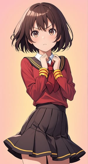 Megumin, posing with a dramatic expression, pastel colors, short-hair, brown_hair, school_girl,