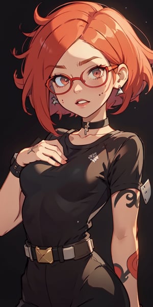 (large sweatshirt),  round black glasses, (dynamic pose), black background, teenager, female_solo, upper body,looking at viewer, small breasts, white background, bob cut, short hair, multicolored hair, makeup, parted lips, red lips, eyeliner, walkure /(takt op./), choker, harnesses, warrior tattoos, ,BiBa,EnvyBeautyMix23,In the style of gravityfalls