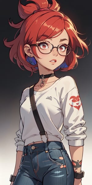 (large sweatshirt),  round black glasses, (dynamic pose), black background, teenager, female_solo, ,looking at viewer, small breasts, white background, bob cut, short hair, multicolored hair, makeup, parted lips, red lips, eyeliner, walkure /(takt op./), choker, harnesses, warrior tattoos, blue jeans, ,BiBa,EnvyBeautyMix23,In the style of gravityfalls