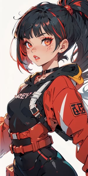 (tactical sweatshirt), (dynamic pose), black background, teenager, female_solo, upper body,looking at viewer, small breasts, white background, bob cut, short hair, multicolored hair, makeup, parted lips, red lips, eyeliner, walkure /(takt op./), choker, harnesses, warrior tattoos, ,BiBa,EnvyBeautyMix23