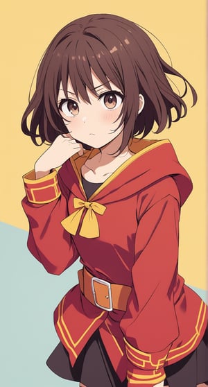 Megumin, posing with a dramatic expression, pastel colors, short-hair, brown_hair, random_clothes