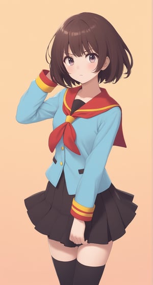 Megumin, posing with a dramatic expression, pastel colors, short-hair, brown_hair, school_girl,