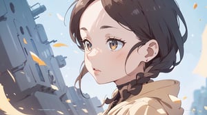 girl, body full, long dark brown hair, detailed tips, dark brown pupil, almond lips, futuristic jacket, Closed mouth, mechanomancer, 

(masterpiece, best quality, hires, high resolution:1.2), (beautiful, aesthetic, perfect, delicate, intricate:1.2), (depth of field:1.2),KunoTsubakiv1,In the style of gravityfalls