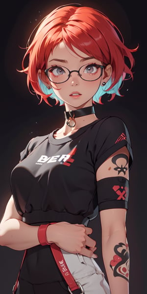 (large sweatshirt),  round black glasses, (dynamic pose), black background, teenager, female_solo, upper body,looking at viewer, medium breasts, white background, bob cut, short hair, multicolored hair, makeup, parted lips, red lips, eyeliner, walkure /(takt op./), choker, harnesses, warrior tattoos, ,BiBa,EnvyBeautyMix23