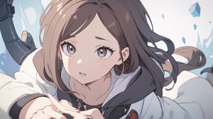 girl, , long dark brown hair, detailed tips, dark brown pupil, almond lips, futuristic jacket, Closed mouth, mechanomancer, 
slim body, jeans,


(masterpiece, best quality, hires, high resolution:1.2), (beautiful, aesthetic, perfect, delicate, intricate:1.2), (depth of field:1.2),KunoTsubakiv1,In the style of gravityfalls,fantasy00d