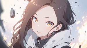 girl, long dark brown hair, detailed tips, dark brown pupil, almond lips, futuristic jacket, Closed mouth, mechanomancer, 

(masterpiece, best quality, hires, high resolution:1.2), (beautiful, aesthetic, perfect, delicate, intricate:1.2), (depth of field:1.2),KunoTsubakiv1,In the style of gravityfalls
