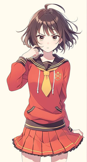 Megumin, posing with a dramatic expression, pouting, pastel colors, short-hair, mini_skirt, brown_hair, school_girl, 