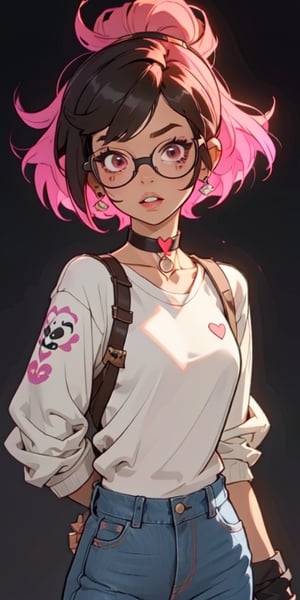 (large sweatshirt),  round black glasses, (dynamic pose), black background, teenager, female_solo, ,looking at viewer, small breasts, white background, bob cut, short hair, multicolored hair, makeup, parted lips, red lips, eyeliner, walkure /(takt op./), choker, harnesses, warrior tattoos, blue jeans, ,BiBa,EnvyBeautyMix23,In the style of gravityfalls,