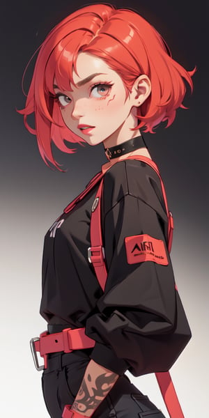 (large sweatshirt), (dynamic pose), black background, teenager, female_solo, upper body,looking at viewer, small breasts, white background, bob cut, short hair, multicolored hair, makeup, parted lips, red lips, eyeliner, walkure /(takt op./), choker, harnesses, warrior tattoos, ,BiBa,EnvyBeautyMix23