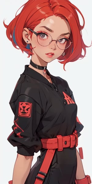 (large sweatshirt),  round black glasses, (dynamic pose), black background, teenager, female_solo, upper body,looking at viewer, small breasts, white background, bob cut, short hair, multicolored hair, makeup, parted lips, red lips, eyeliner, walkure /(takt op./), choker, harnesses, warrior tattoos, ,BiBa,EnvyBeautyMix23