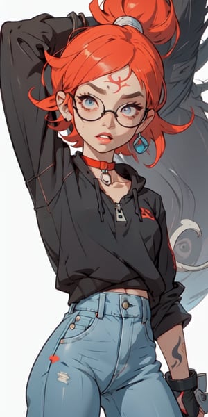 (large sweatshirt),  round black glasses, (dynamic pose), black background, teenager, female_solo, ,looking at viewer, small breasts, white background, bob cut, short hair, multicolored hair, makeup, parted lips, red lips, eyeliner, walkure /(takt op./), choker, harnesses, warrior tattoos, blue jeans, ,BiBa,EnvyBeautyMix23,In the style of gravityfalls,weapon