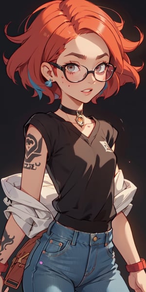 (large sweatshirt),  round black glasses, (dynamic pose), black background, teenager, female_solo, ,looking at viewer, small breasts, white background, bob cut, short hair, multicolored hair, makeup, parted lips, red lips, eyeliner, walkure /(takt op./), choker, harnesses, warrior tattoos, blue jeans, ,BiBa,EnvyBeautyMix23,In the style of gravityfalls