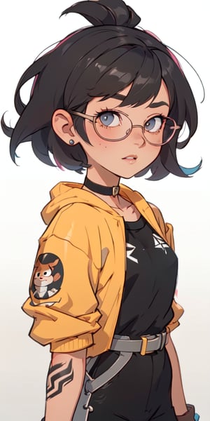 (large sweatshirt),  round black glasses, (dynamic pose), black background, teenager, female_solo, upper body,looking at viewer, small breasts, white background, bob cut, short hair, multicolored hair, makeup, parted lips, red lips, eyeliner, walkure /(takt op./), choker, harnesses, warrior tattoos, ,BiBa,EnvyBeautyMix23,In the style of gravityfalls