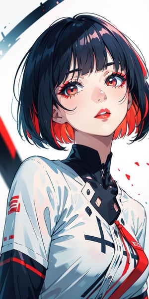 1 teen girl,solo, upper body,looking at viewer, white background, bob cut, short hair, multicolored hair, makeup , parted lips, red lips, eyeliner, ,walkure /(takt op./)