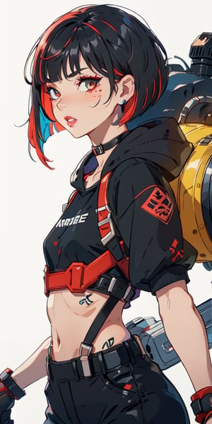 (tactical sweatshirt), (dynamic pose), black background, teenager, female_solo, upper body,looking at viewer, small breasts, white background, bob cut, short hair, multicolored hair, makeup, parted lips, red lips, eyeliner, walkure /(takt op./), choker, harnesses, warrior tattoos, ,BiBa,EnvyBeautyMix23