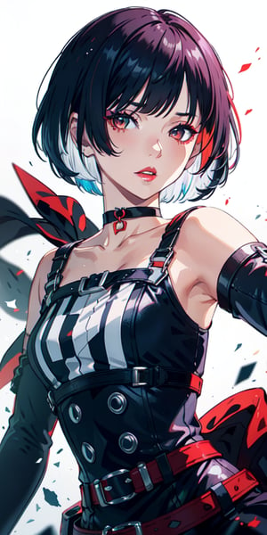 1 teen girl, female_solo, upper body,looking at viewer, (dynamic pose), white background, bob cut, short hair, multicolored hair, makeup, parted lips, red lips, eyeliner, ,walkure /(takt op./), choker, harnesses, top,guiltys