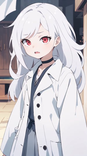 girl, white hair with blue highlights, red eyes, fangs, choker, no sanity, trench coat, skirt,


(masterpiece, best quality, hires, high resolution:1.2), (beautiful, aesthetic, perfect, delicate, intricate:1.2), (depth of field:1.2),KunoTsubakiv1,In the style of gravityfalls,fantasy00d