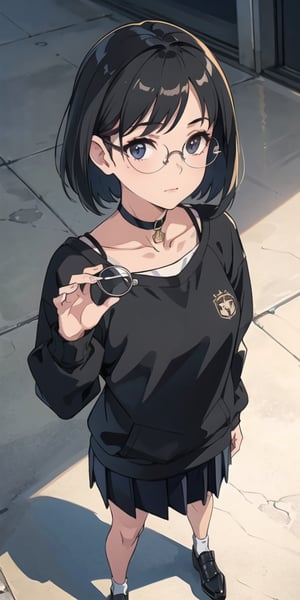 (the image must be PNG), girl, tender expression, (dinamic pose),  bob style hair, (from above), standing, round glasses, harness, choker,
medium skirt, large black sweatshirt, 

frankie_wai,MAWSLoisLane