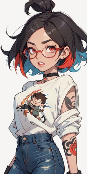 (large sweatshirt),  round black glasses, (dynamic pose), black background, teenager, female_solo, ,looking at viewer, small breasts, white background, bob cut, short hair, multicolored hair, makeup, parted lips, red lips, eyeliner, walkure /(takt op./), choker, harnesses, warrior tattoos, blue jeans, ,BiBa,EnvyBeautyMix23,In the style of gravityfalls