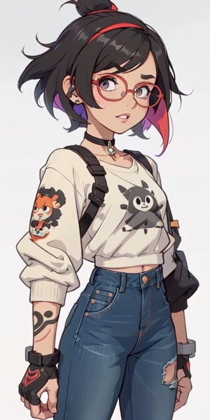 (large sweatshirt),  round black glasses, (dynamic pose), black background, teenager, female_solo, ,looking at viewer, small breasts, white background, bob cut, short hair, multicolored hair, makeup, parted lips, red lips, eyeliner, walkure /(takt op./), choker, harnesses, warrior tattoos, blue jeans, ,BiBa,EnvyBeautyMix23,In the style of gravityfalls