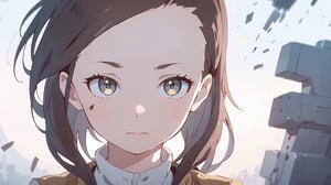 girl, long dark brown hair, detailed tips, dark brown pupil, almond lips, futuristic jacket, Closed mouth, mechanomancer, 

(masterpiece, best quality, hires, high resolution:1.2), (beautiful, aesthetic, perfect, delicate, intricate:1.2), (depth of field:1.2),KunoTsubakiv1,In the style of gravityfalls