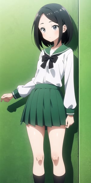 (masterpiece),  1girl,  black hair,  short hair,  ruby eyes,  small breasts,  school uniform,
medium skirt,

green theme,KunoTsubakiv1,green theme