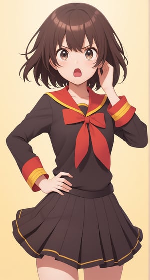 Megumin, posing with a dramatic expression, pastel colors, short-hair, brown_hair, school_girl,