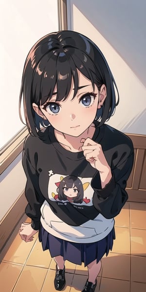 (the image must be PNG), girl, adorable face, tender expression, (dinamic pose),  bob style hair, (from above), standing
medium skirt, large black sweatshirt, 

frankie_wai,MAWSLoisLane