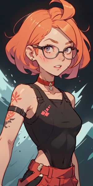 (large sweatshirt),  round black glasses, (dynamic pose), black background, teenager, female_solo, upper body,looking at viewer, small breasts, white background, bob cut, short hair, multicolored hair, makeup, parted lips, red lips, eyeliner, walkure /(takt op./), choker, harnesses, warrior tattoos, ,BiBa,EnvyBeautyMix23,In the style of gravityfalls