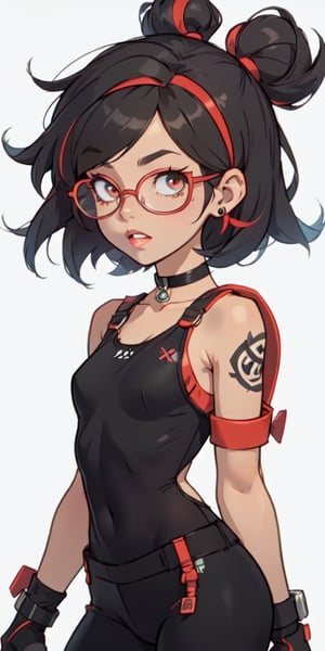 (large sweatshirt),  round black glasses, (dynamic pose), black background, teenager, female_solo, ,looking at viewer, small breasts, white background, bob cut, short hair, multicolored hair, makeup, parted lips, red lips, eyeliner, walkure /(takt op./), choker, harnesses, warrior tattoos, ,BiBa,EnvyBeautyMix23,In the style of gravityfalls