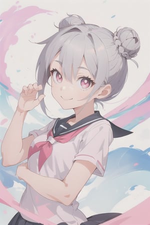 1girl, double bun short brown hair, looking at the viewer, gray hair, pink eyes, short sleeve, dynamic pose, smile, schoolgirl, alone, very aesthetic, absurd, txznf, Colors, KunoTsubakiv1, ASU1, Vivid colors,
<3 shaped pupil