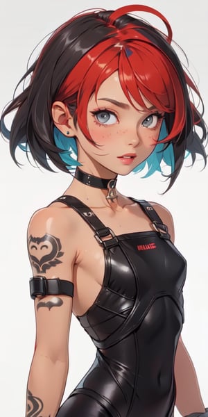 (dynamic pose), black background, teenager, female_solo, upper body,looking at viewer, small breasts, white background, bob cut, short hair, multicolored hair, makeup, parted lips, red lips, eyeliner, walkure /(takt op./), choker, harnesses, warrior tattoos, ,BiBa,EnvyBeautyMix23