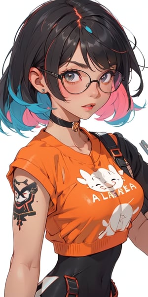 (large sweatshirt),  round black glasses, (dynamic pose), black background, teenager, female_solo, upper body,looking at viewer, medium breasts, white background, bob cut, short hair, multicolored hair, makeup, parted lips, red lips, eyeliner, walkure /(takt op./), choker, harnesses, warrior tattoos, ,BiBa,EnvyBeautyMix23