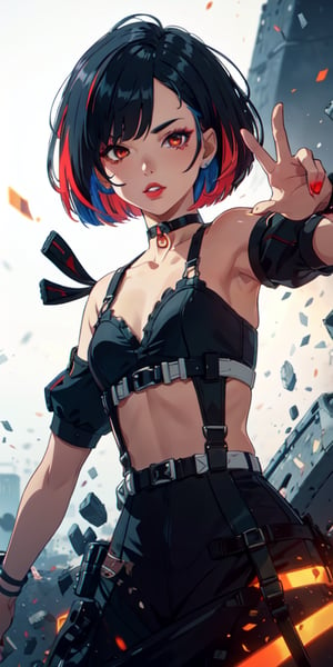 dynamic background, 1 teen girl, female_solo, upper body,looking at viewer, small breasts, (dynamic pose), white background, bob cut, short hair, multicolored hair, makeup, parted lips, red lips, eyeliner, ,walkure /(takt op./), choker, harnesses, top,guiltys