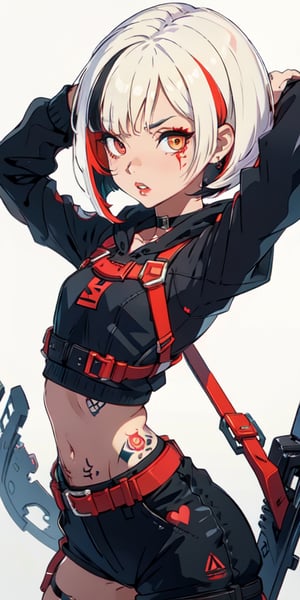 (tactical sweatshirt), (dynamic pose), black background, teenager, female_solo, upper body,looking at viewer, small breasts, white background, bob cut, short hair, multicolored hair, makeup, parted lips, red lips, eyeliner, walkure /(takt op./), choker, harnesses, warrior tattoos, ,BiBa,EnvyBeautyMix23