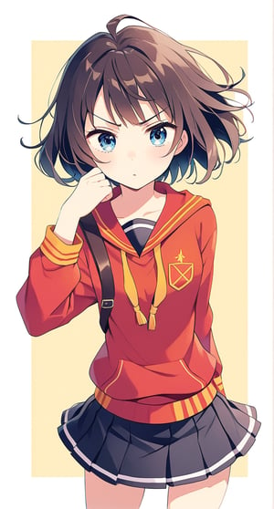 Megumin, posing with a dramatic expression, pouting, pastel colors, short-hair, mini_skirt, brown_hair, school_girl, colors_black_and_blue