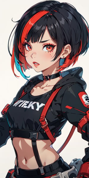 (tactical sweatshirt), (dynamic pose), black background, teenager, female_solo, upper body,looking at viewer, small breasts, white background, bob cut, short hair, multicolored hair, makeup, parted lips, red lips, eyeliner, walkure /(takt op./), choker, harnesses, warrior tattoos, ,BiBa,EnvyBeautyMix23