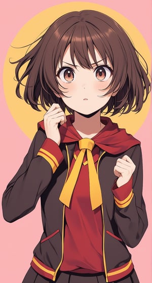 Megumin, posing with a dramatic expression, pastel colors, short-hair, brown_hair, school_girl,