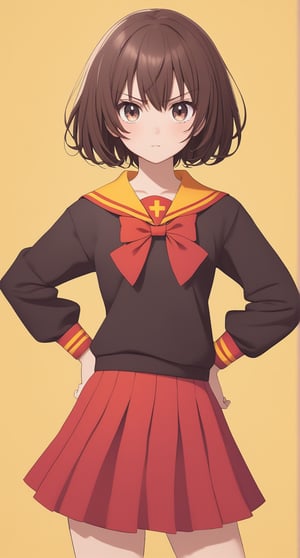 Megumin, posing with a dramatic expression, pastel colors, short-hair, brown_hair, school_girl,