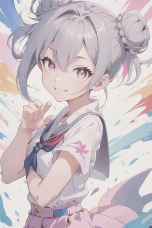 1girl, double bun short brown hair, looking at the viewer, gray hair, pink eyes, short sleeve, dynamic pose, smile, schoolgirl, alone, very aesthetic, absurd, txznf, Colors, KunoTsubakiv1, ASU1, Vivid colors,
<3 shaped pupil