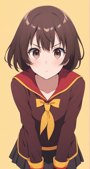 Megumin, posing with a dramatic expression, pastel colors, short-hair, brown_hair, school_girl,