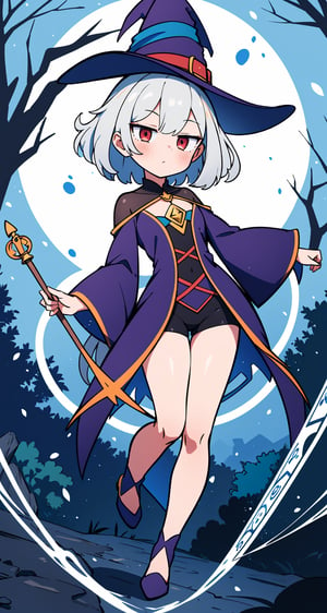 (absurdres, highres, ultra detailed, perfect anatomy:1.2), anime, fullbody, halloween, BREAK
(1girl:1.2), solo, flat chest, waved hair, silver hair, bob hair, (red eyes:1.1), (Magic Circle:1.4), (Witch, Tree)
