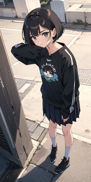 (the image must be PNG), girl, adorable face, tender expression, (dinamic pose),  bob style hair, (from above), standing
medium skirt, large black sweatshirt, 

frankie_wai,MAWSLoisLane