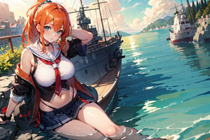 solo focus, 1girl, sitting, long legs, striped panties, long ponytail, orange hair, blue eyes, day, sky, navel, breasts, outdoors, sleeveless, cloud, pleated skirt, hand on hip, miniskirt, large breasts, looking at viewer, bare shoulders, warship in the sea, black choker, long hair, Heavy cruiser, (highres:1.2), (ultra-detailed:1.2), (extremely detailed CG unity 8k wallpaper:1.2), (watercolor:0.9), (sketch1.2), soft lighting, beautiful detailed sunlight, reflections, god rays, HDR, beautiful detailed sunlight, sunbeam, reflections, (HD), (4K), (beautiful detailed eyes), expressive eyes, outdoors, shore, rocks