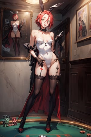 harudesu, (masterpiece, best quality:1.4), (traditional media), (oil painting:0.9), (sketch:1.2), (extremely detailed CG unity 8k wallpaper:1.2), solo focus, gloves, open mouth, flat chest, thighs, playboy bunny, (white leotard), bare shoulders, strapless, fake animal ears, rabbit ears, rabbit tail, choker, standing, tattoo, red hair, indoors, scenery, backlighting, exceptional, extremely detailed, narrow waist, (best aesthetic), absurdres, incredibly absurdres, covered navel, skin tight, nswf, (beautiful detailed eyes), high_heels, full body, contrapposto, ((casino)), black thighhighs