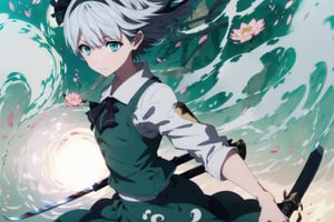 masterpiece, best quality, illustration, 1girl, stands aside the river, solo, konpaku youmu, (white short hair), black hair band, sharp eyes, (vivid color), light, thick smoke:1.6, (floating white ink:1.8), Knife light artifact, Cyan flame, (beautiful and clear background:1.25), (depth of field:0.7), Dreamlike, (highres:1.2), (ultra-detailed:1.2), (extremely detailed CG unity 8k wallpaper:1.2), (traditional media), (sketch:1.1), finely detailed beautiful eyes and detailed face, Tachi, sword, (flying petals:1.2), lotus, Swordfight, dynamic colors, colorful, dynamic pose, dynamic angle, ghost, Touhou, holding sword, holding, katana, konpaku youmu, nier anime style, small breasts, (detailed eyes), cute, beauty