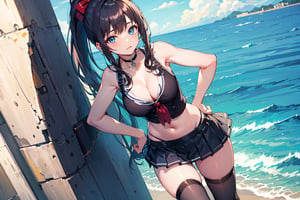 1girl, bag, black legwear, blurry, blurry solo, 1girl, sitting, long legs, striped panties, long ponytail, blue eyes, day, sky, navel, breasts, outdoors, sleeveless, cloud, pleated skirt, hand on hip, miniskirt, large breasts, cleavage, looking at viewer, bare shoulders, warship in the sea, black choker, ((orage hair)), long hair, Heavy cruiser, solo focus, (masterpiece, best quality:1.4), (beautiful detailed eyes), (highres:1.2), (ultra-detailed:1.2), (extremely detailed CG unity 8k wallpaper:1.2), (watercolor:0.9), (sketch1.2), (best shadow), soft lighting, HDR, (HD), (4k) outdoors, exceptional, sunbeam, (high quality, highres:1.2), scenery, tracing, shore, water, arm behind back 